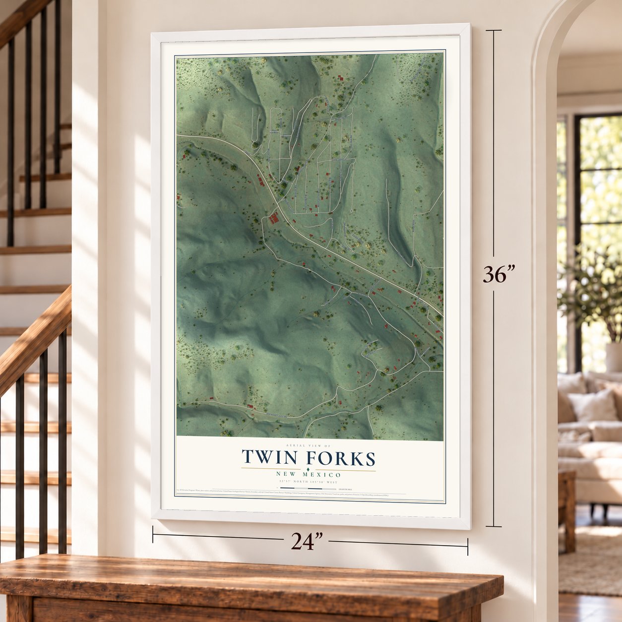 Twin Forks, New Mexico map, 24 x 36 inch print in a white frame by a staircase