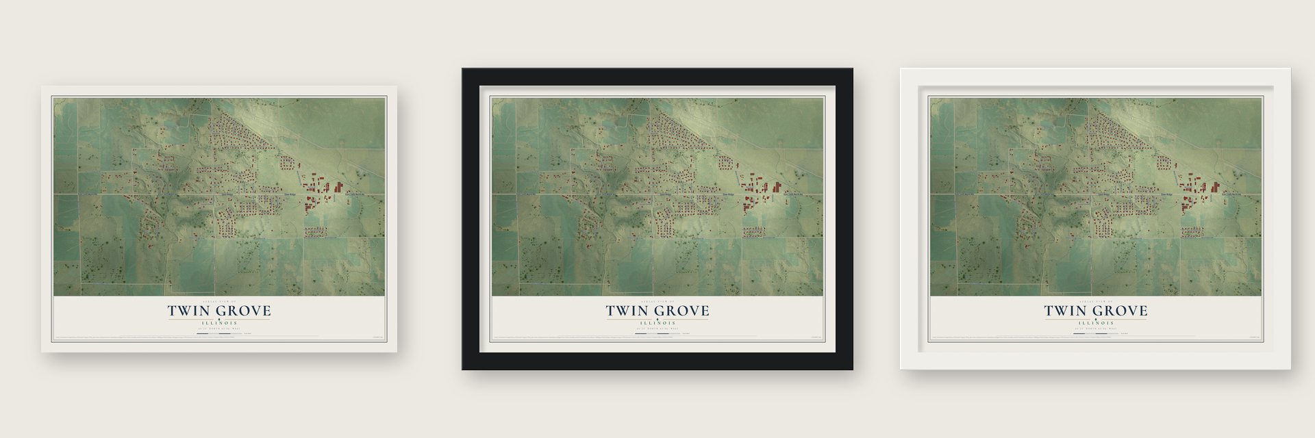 Twin Grove, Illinois map unframed, in a black wood frame and in a white wood frame