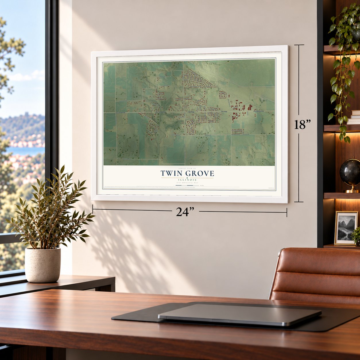 Twin Grove, Illinois map, 18 x 24 inch print in a white frame in a home office