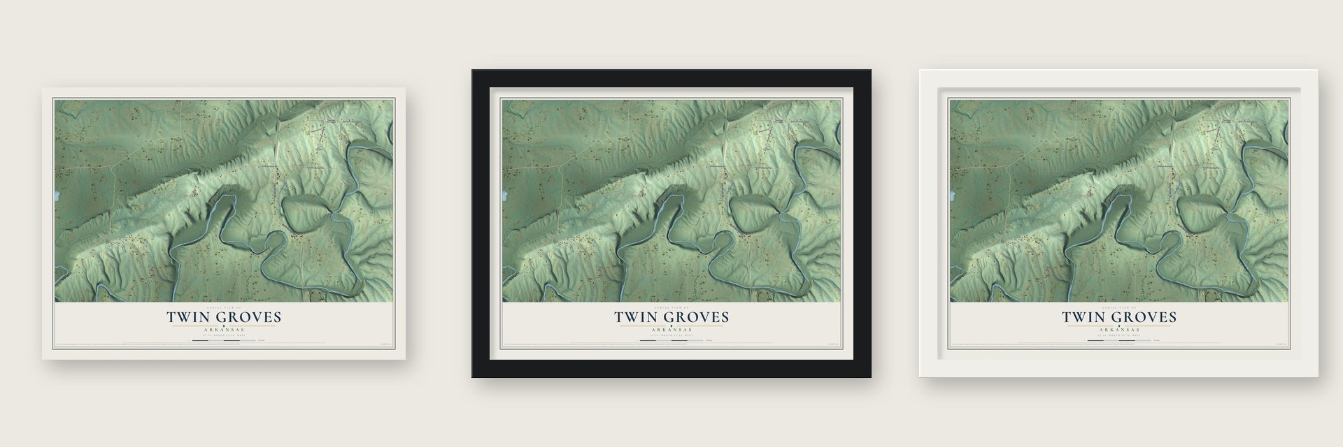Twin Groves, Arkansas map unframed, in a black wood frame and in a white wood frame