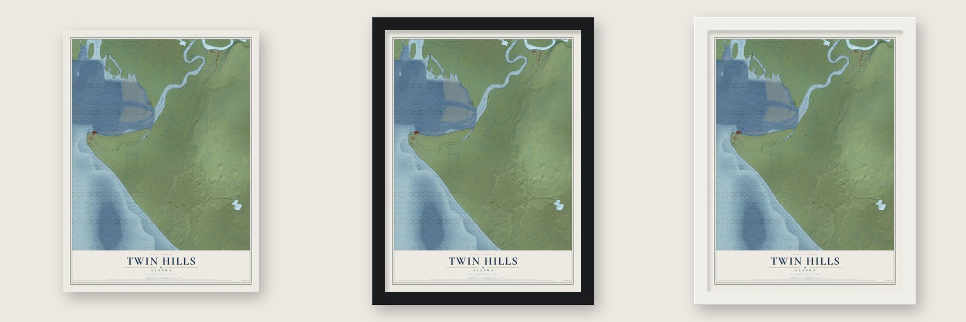Twin Hills, Alaska map unframed, in a black wood frame and in a white wood frame