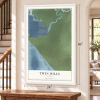 Twin Hills, Alaska map, 24 x 36 inch print in a white frame by a staircase