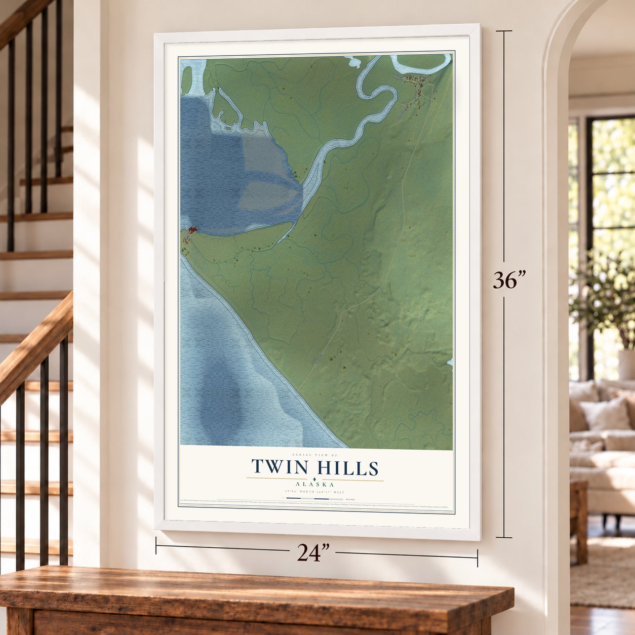 Twin Hills, Alaska map, 24 x 36 inch print in a white frame by a staircase
