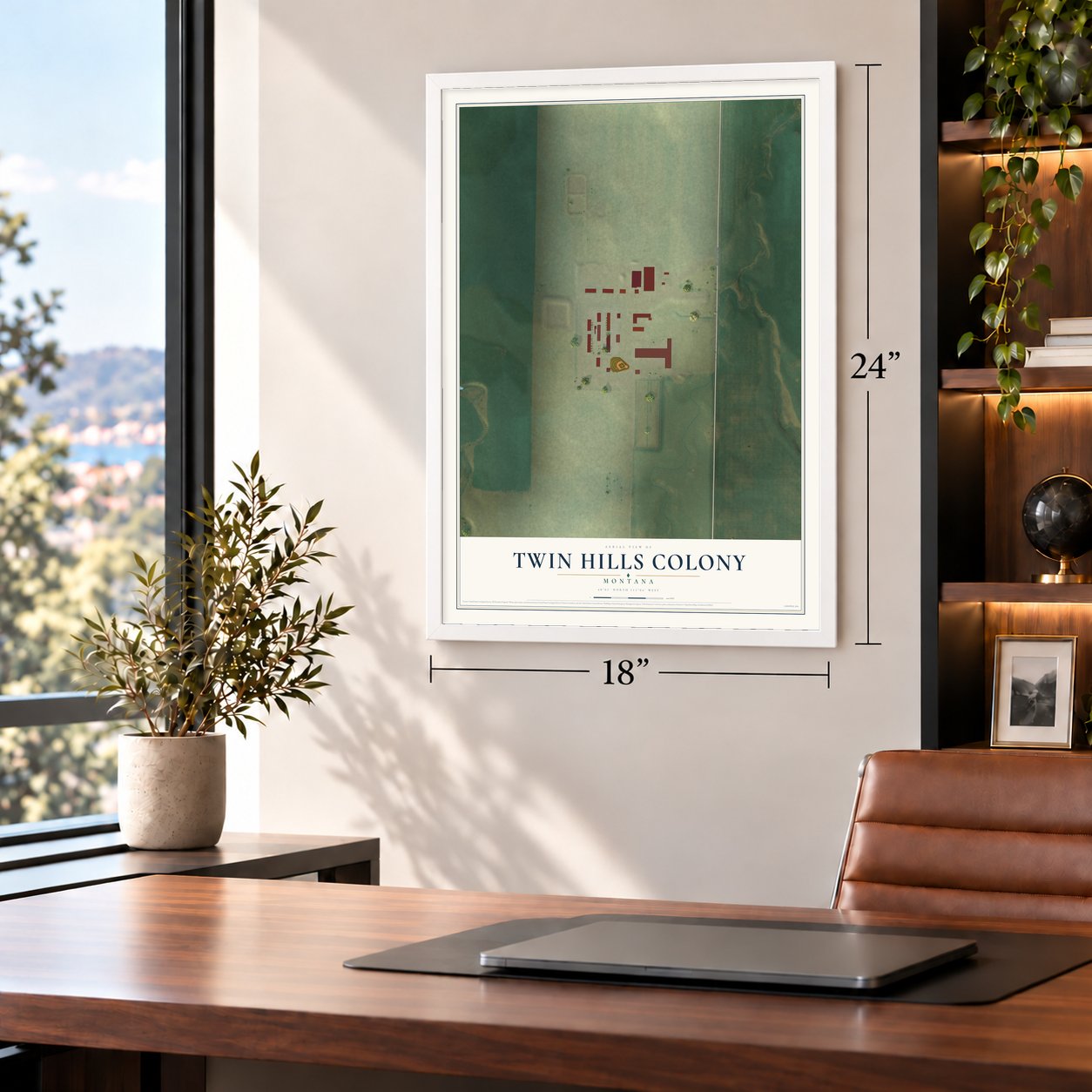 Twin Hills Colony, Montana map, 18 x 24 inch print in a white frame in a home office