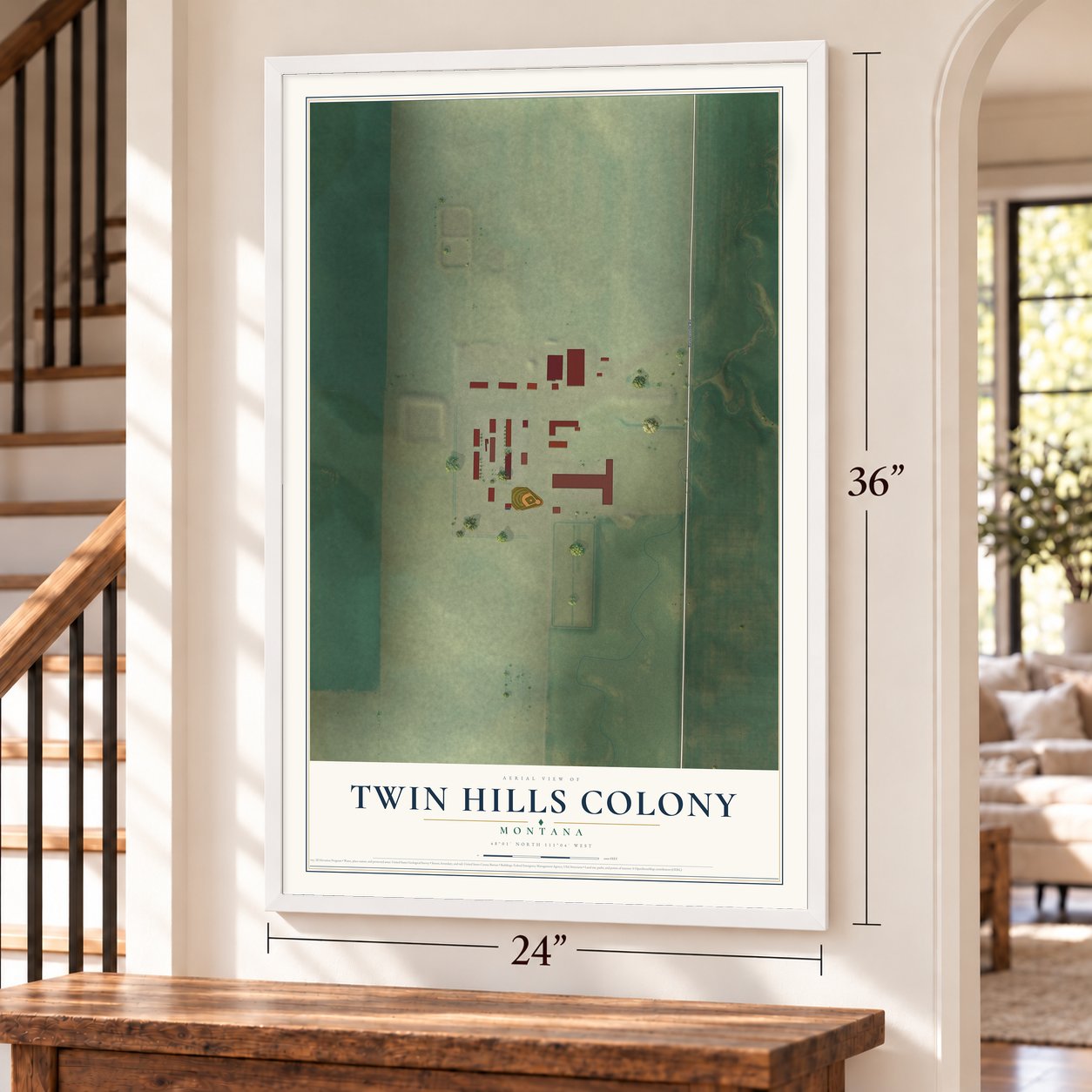 Twin Hills Colony, Montana map, 24 x 36 inch print in a white frame by a staircase