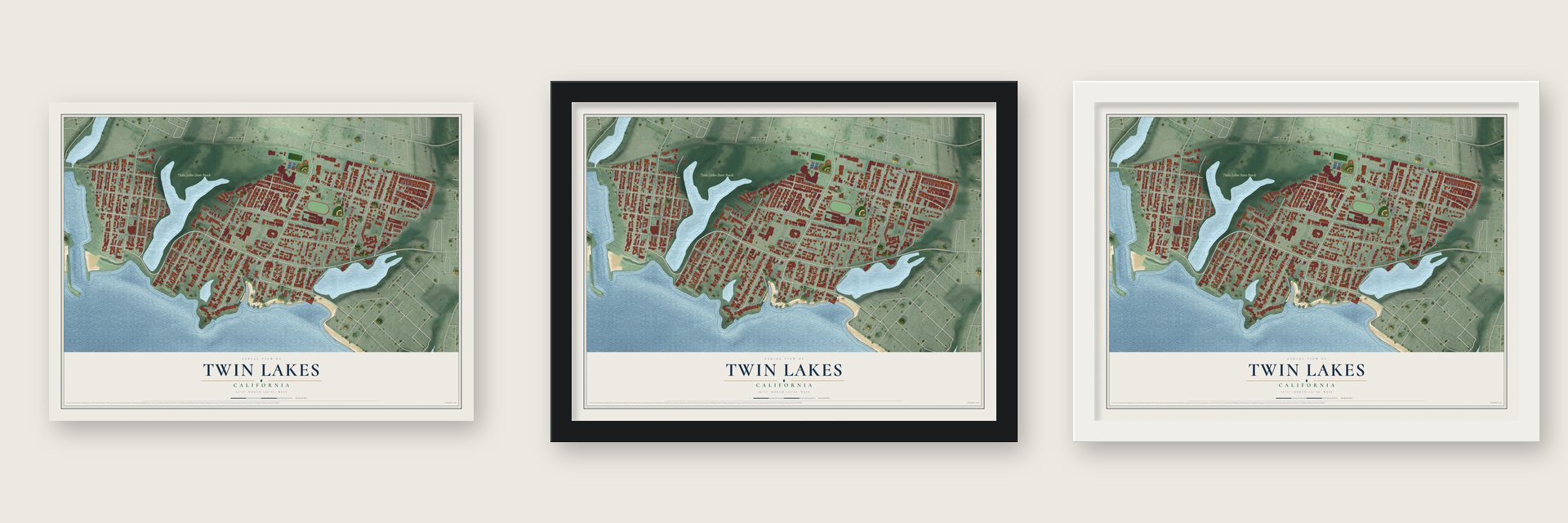 Twin Lakes, California map unframed, in a black wood frame and in a white wood frame