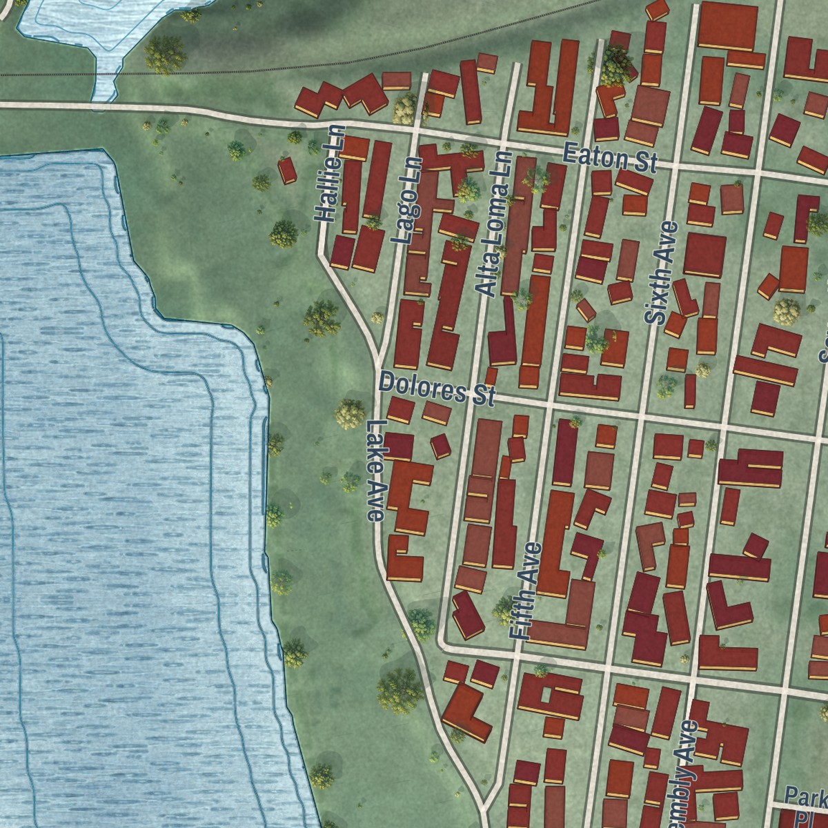 Second close-up of the map of Twin Lakes, California print showing more streets and buildings
