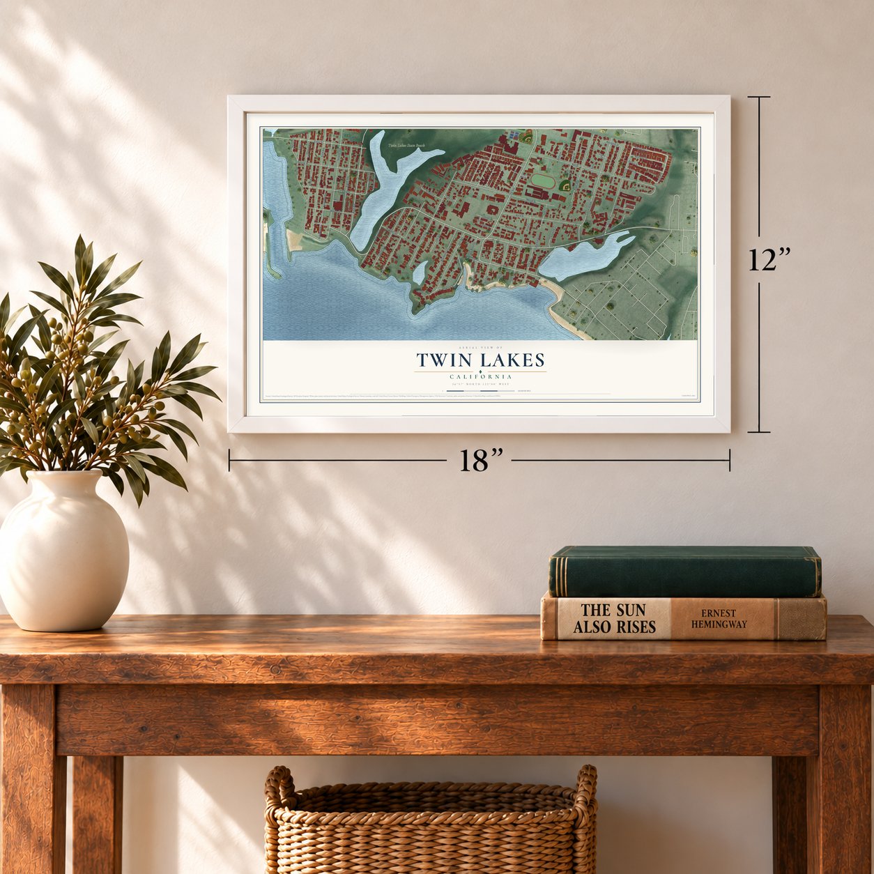 Twin Lakes, California map, 12 x 18 inch print in a white frame in an entryway