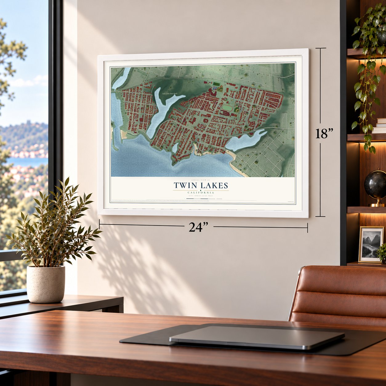 Twin Lakes, California map, 18 x 24 inch print in a white frame in a home office