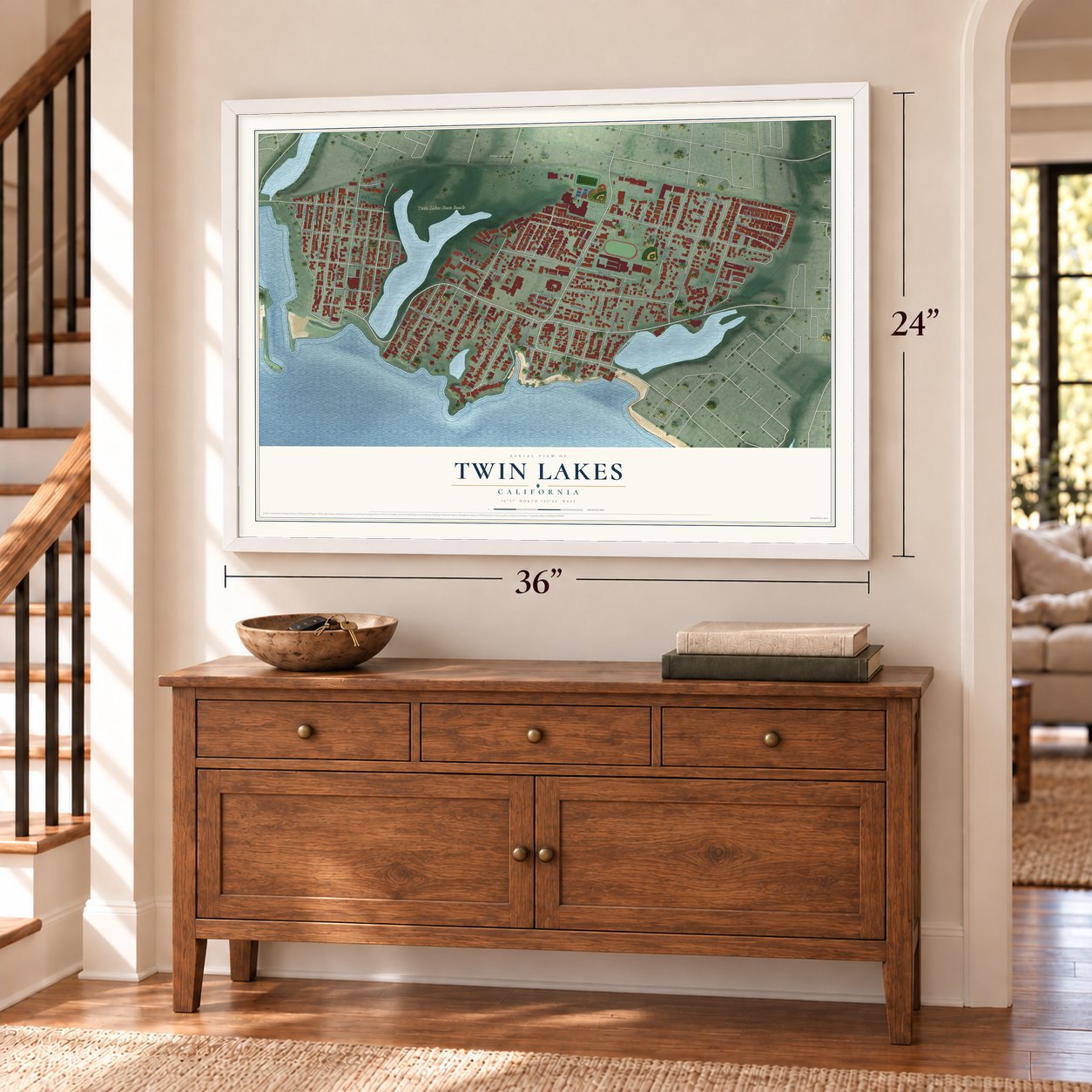 Twin Lakes, California map, 24 x 36 inch print in a white frame above a dresser by a staircase