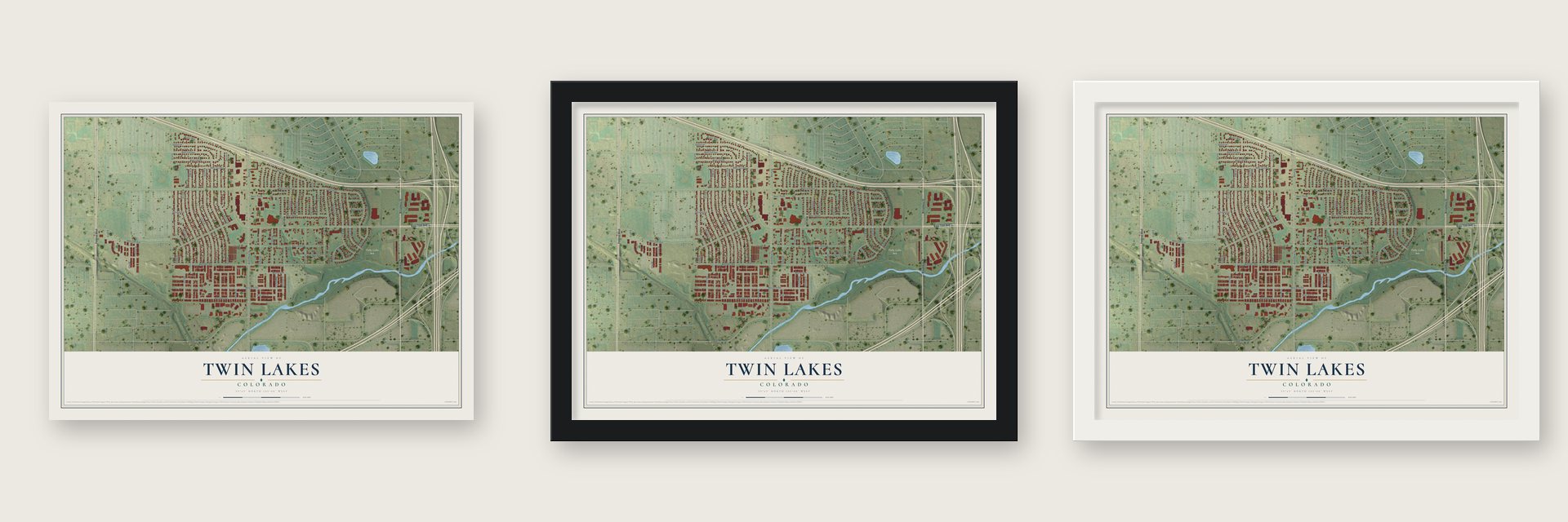 Twin Lakes, Colorado map unframed, in a black wood frame and in a white wood frame
