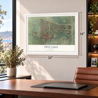Twin Lakes, Colorado map, 18 x 24 inch print in a white frame in a home office