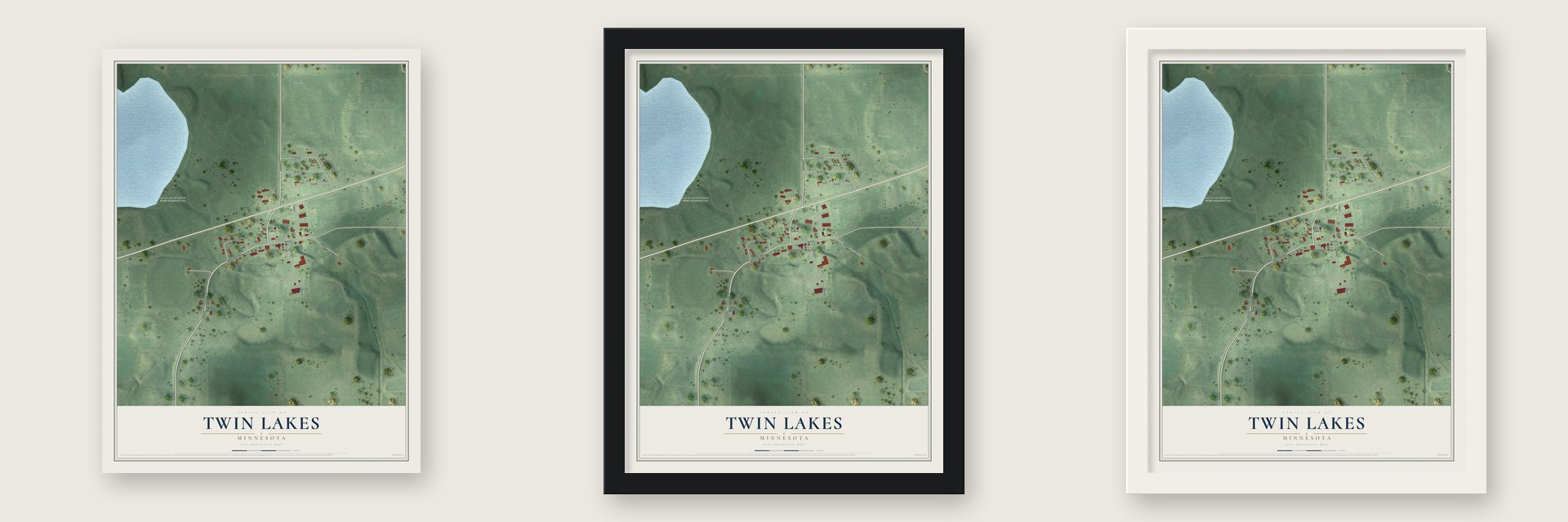 Twin Lakes, Minnesota map unframed, in a black wood frame and in a white wood frame