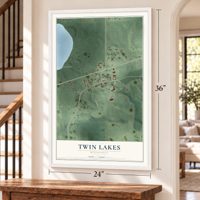Twin Lakes, Minnesota map, 24 x 36 inch print in a white frame by a staircase