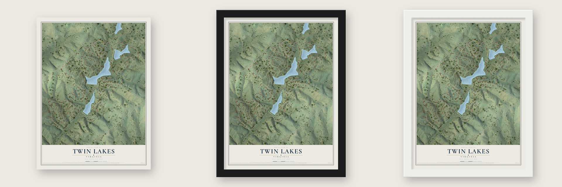 Twin Lakes, Virginia map unframed, in a black wood frame and in a white wood frame