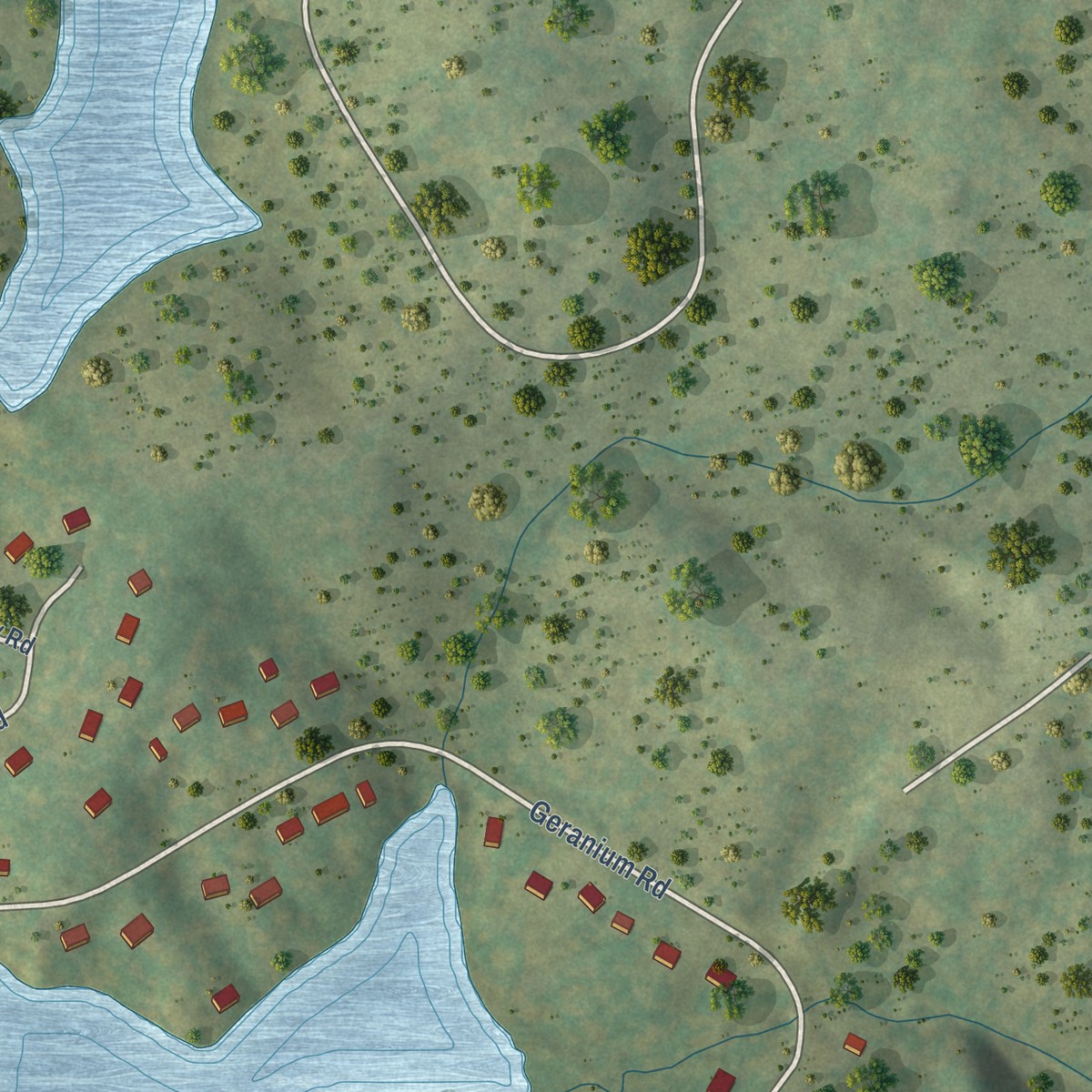 Second close-up of the map of Twin Lakes, Virginia print showing more streets and buildings