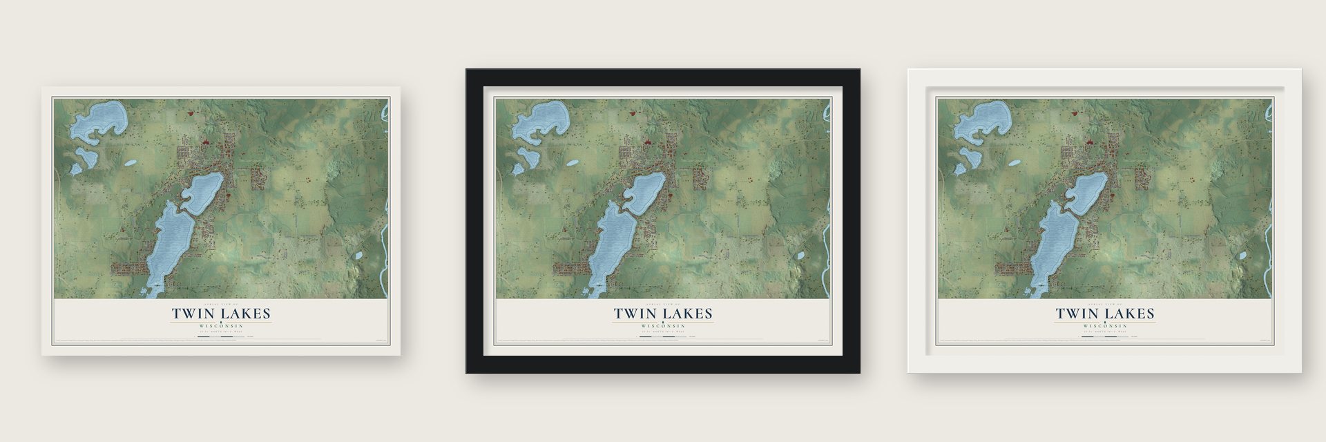 Twin Lakes, Wisconsin map unframed, in a black wood frame and in a white wood frame