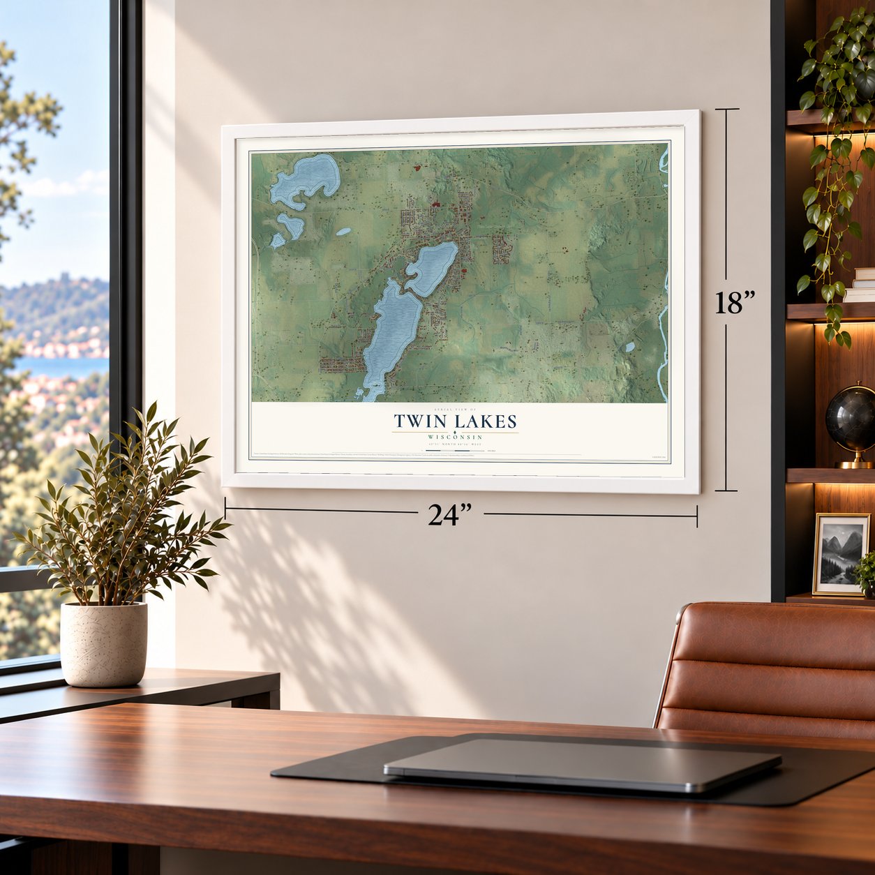 Twin Lakes, Wisconsin map, 18 x 24 inch print in a white frame in a home office