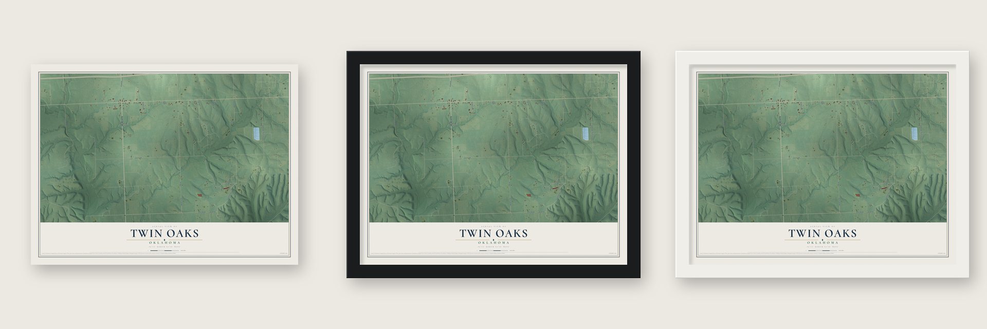 Twin Oaks, Oklahoma map unframed, in a black wood frame and in a white wood frame