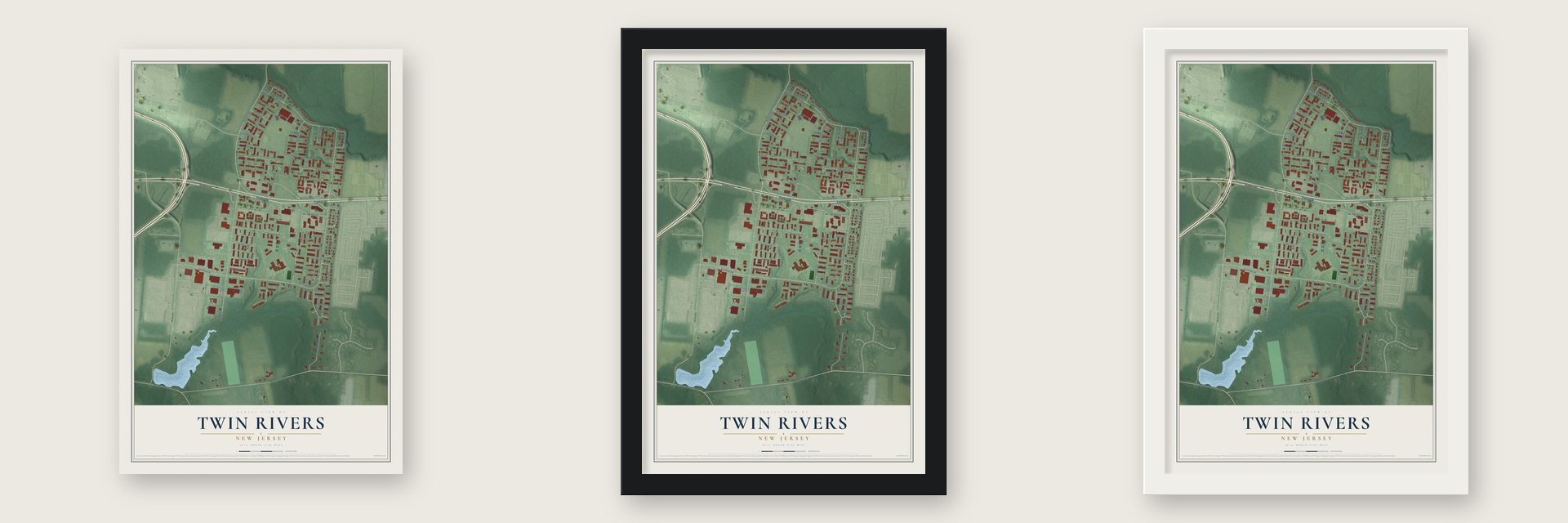 Twin Rivers, New Jersey map unframed, in a black wood frame and in a white wood frame