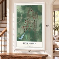 Twin Rivers, New Jersey map, 24 x 36 inch print in a white frame by a staircase