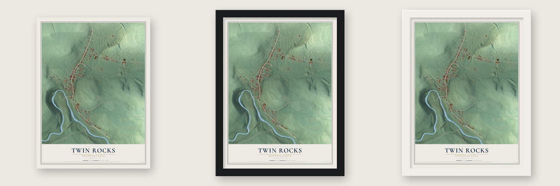 Twin Rocks, Pennsylvania map unframed, in a black wood frame and in a white wood frame
