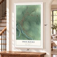 Twin Rocks, Pennsylvania map, 24 x 36 inch print in a white frame by a staircase