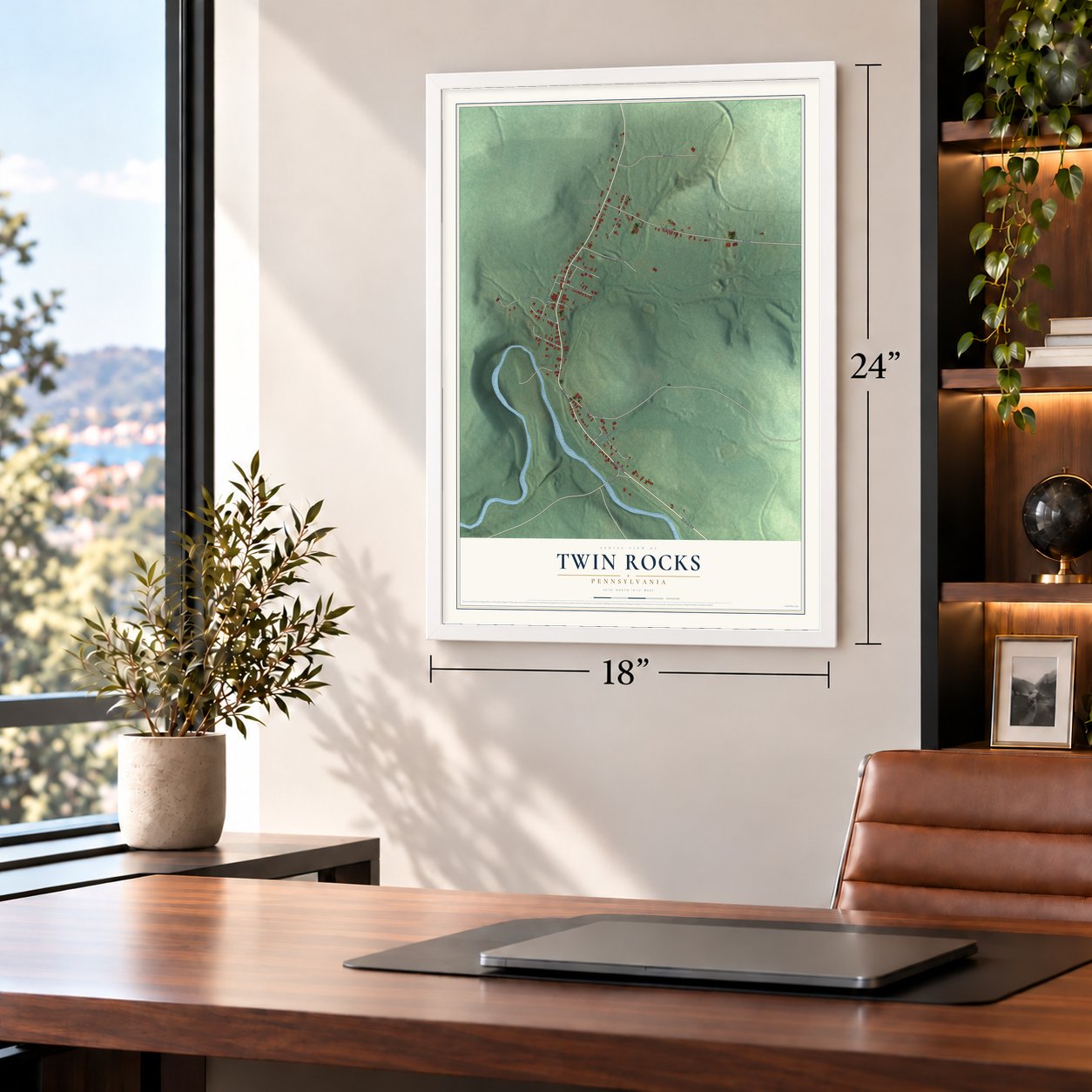 Twin Rocks, Pennsylvania map, 18 x 24 inch print in a white frame in a home office