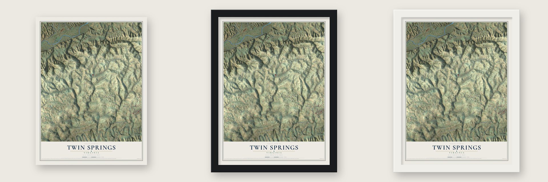 Twin Springs, Virginia map unframed, in a black wood frame and in a white wood frame