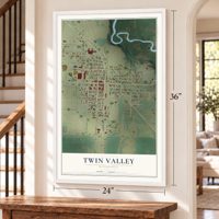 Twin Valley, Minnesota map, 24 x 36 inch print in a white frame by a staircase