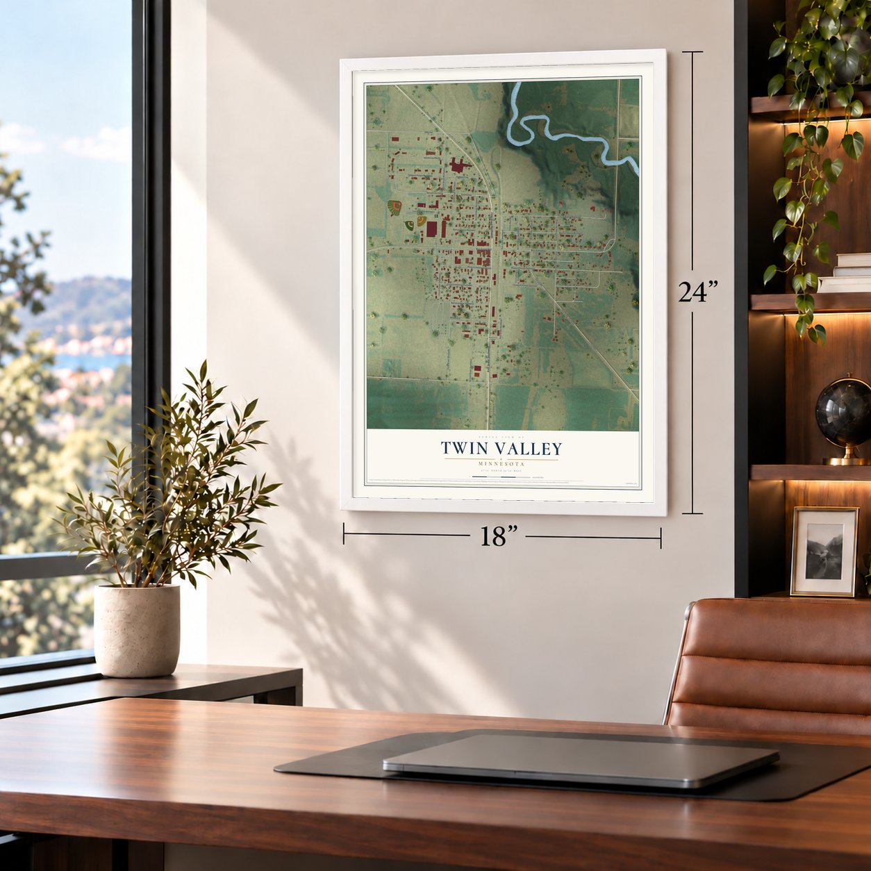 Twin Valley, Minnesota map, 18 x 24 inch print in a white frame in a home office