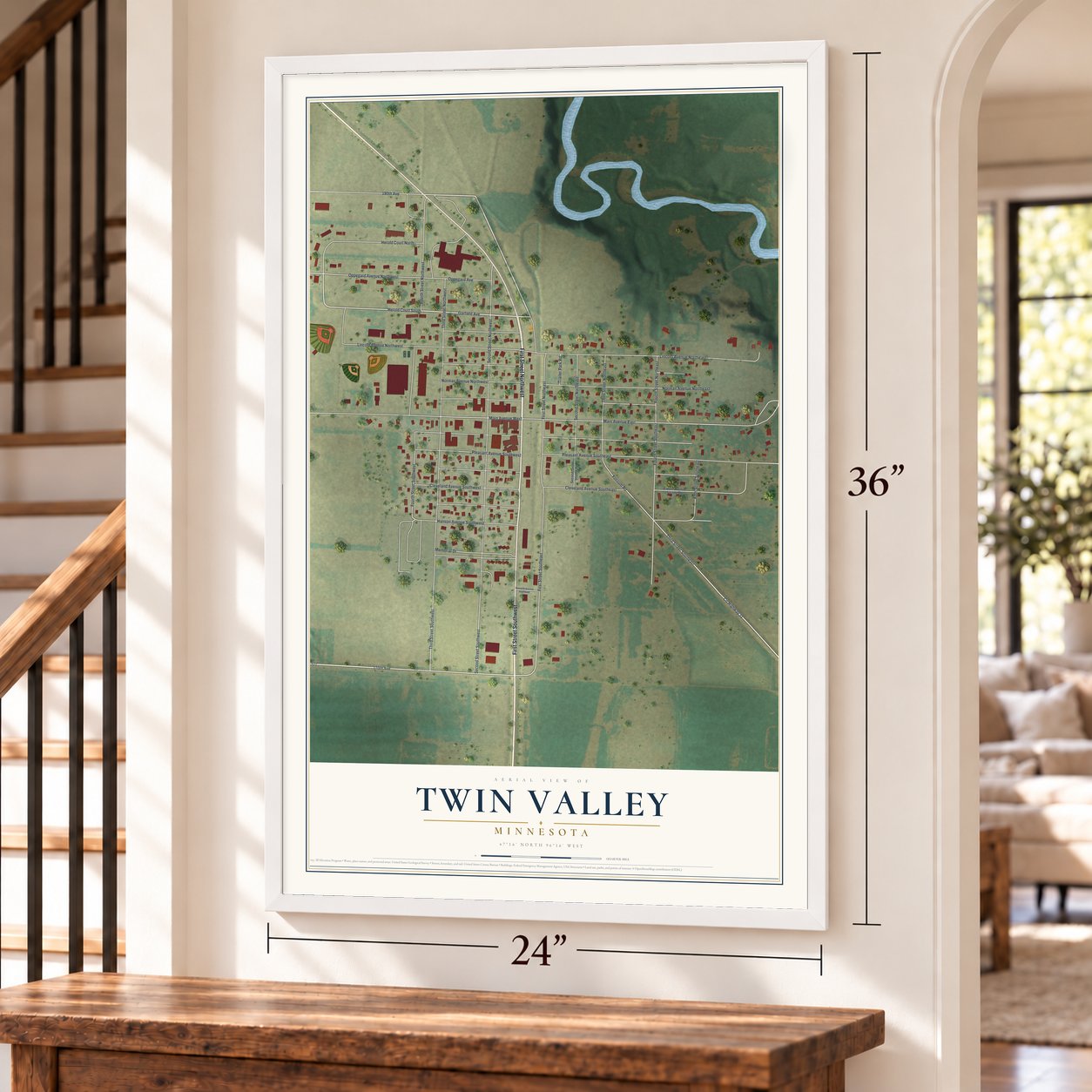 Twin Valley, Minnesota map, 24 x 36 inch print in a white frame by a staircase