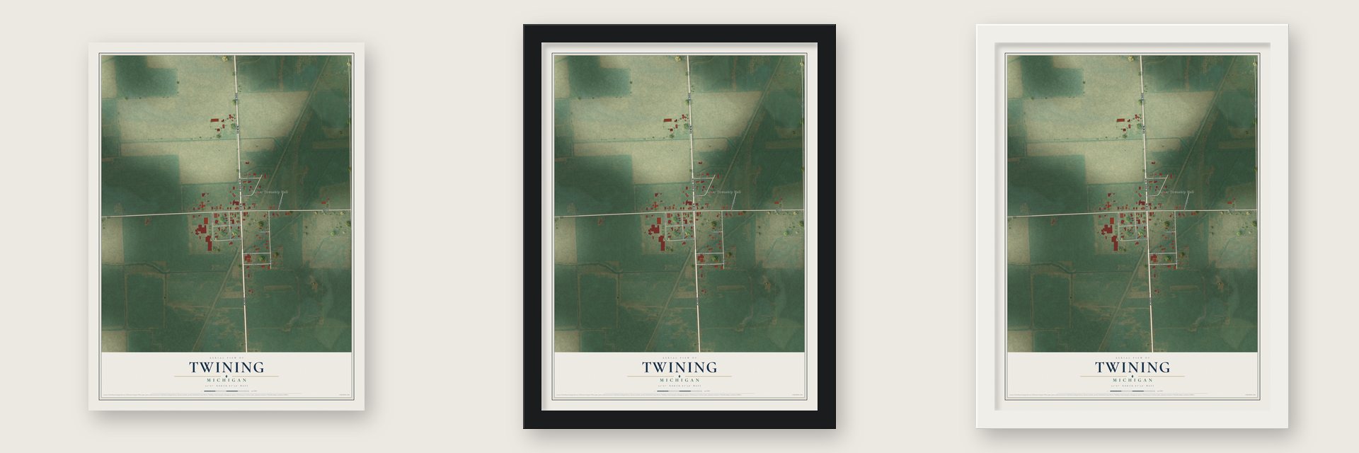 Twining, Michigan map unframed, in a black wood frame and in a white wood frame