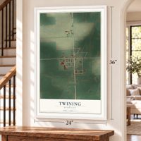 Twining, Michigan map, 24 x 36 inch print in a white frame by a staircase
