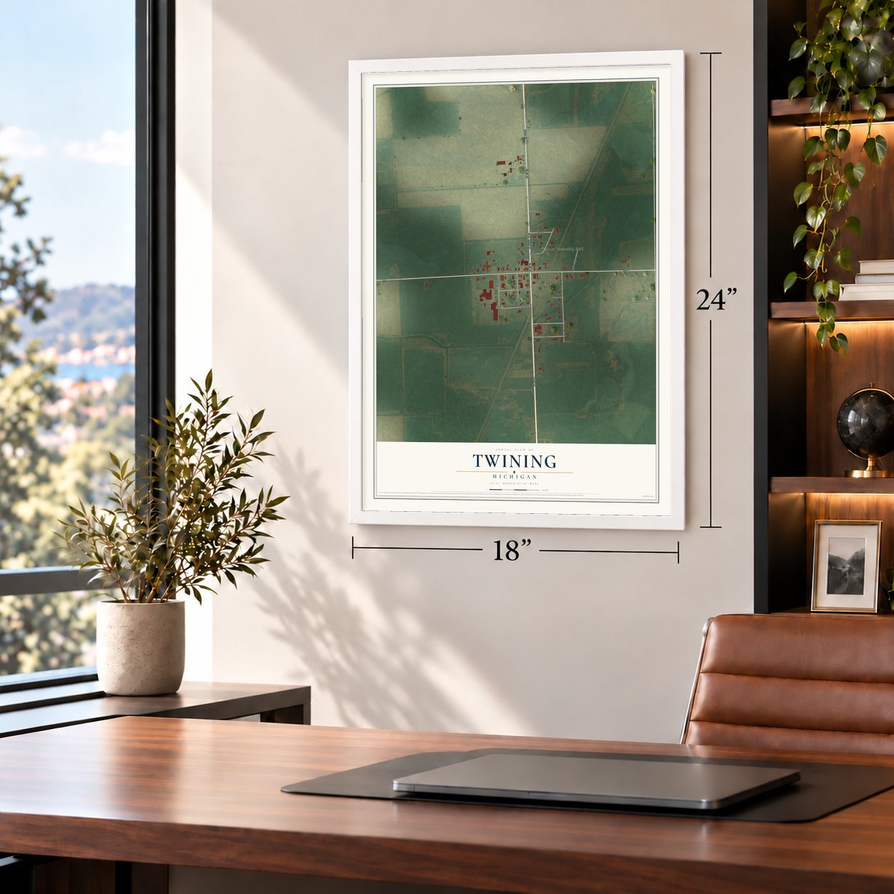Twining, Michigan map, 18 x 24 inch print in a white frame in a home office