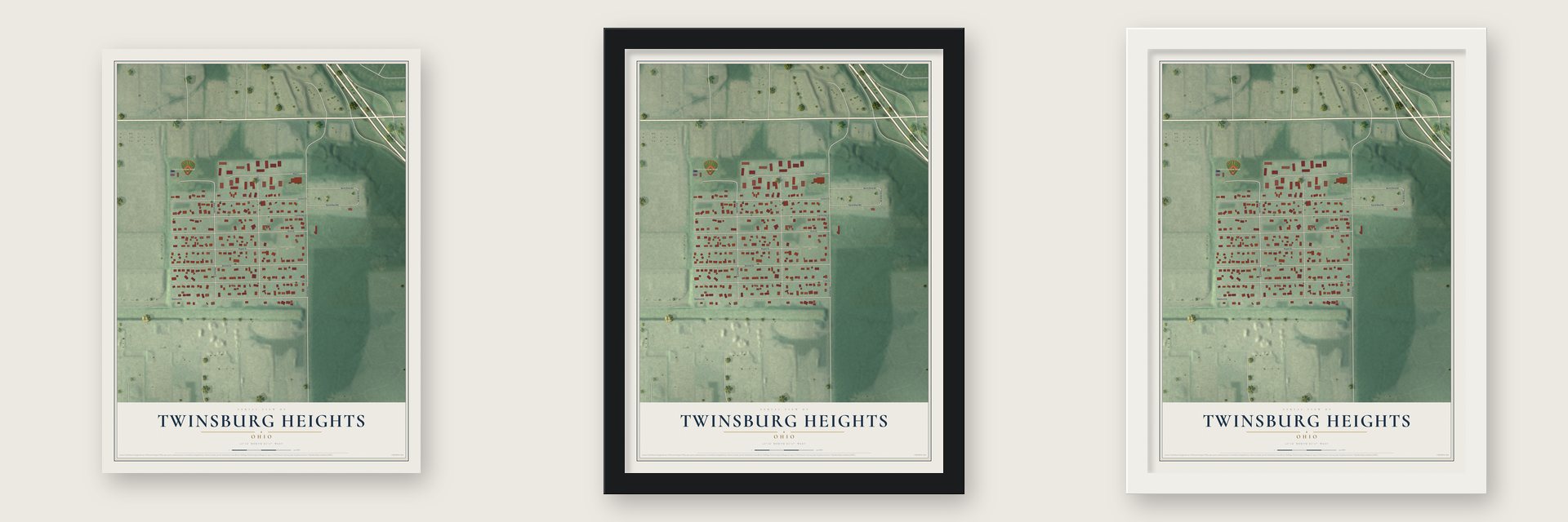 Twinsburg Heights, Ohio map unframed, in a black wood frame and in a white wood frame