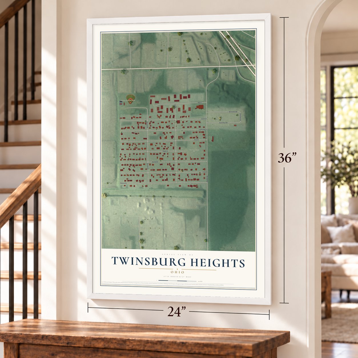 Twinsburg Heights, Ohio map, 24 x 36 inch print in a white frame by a staircase