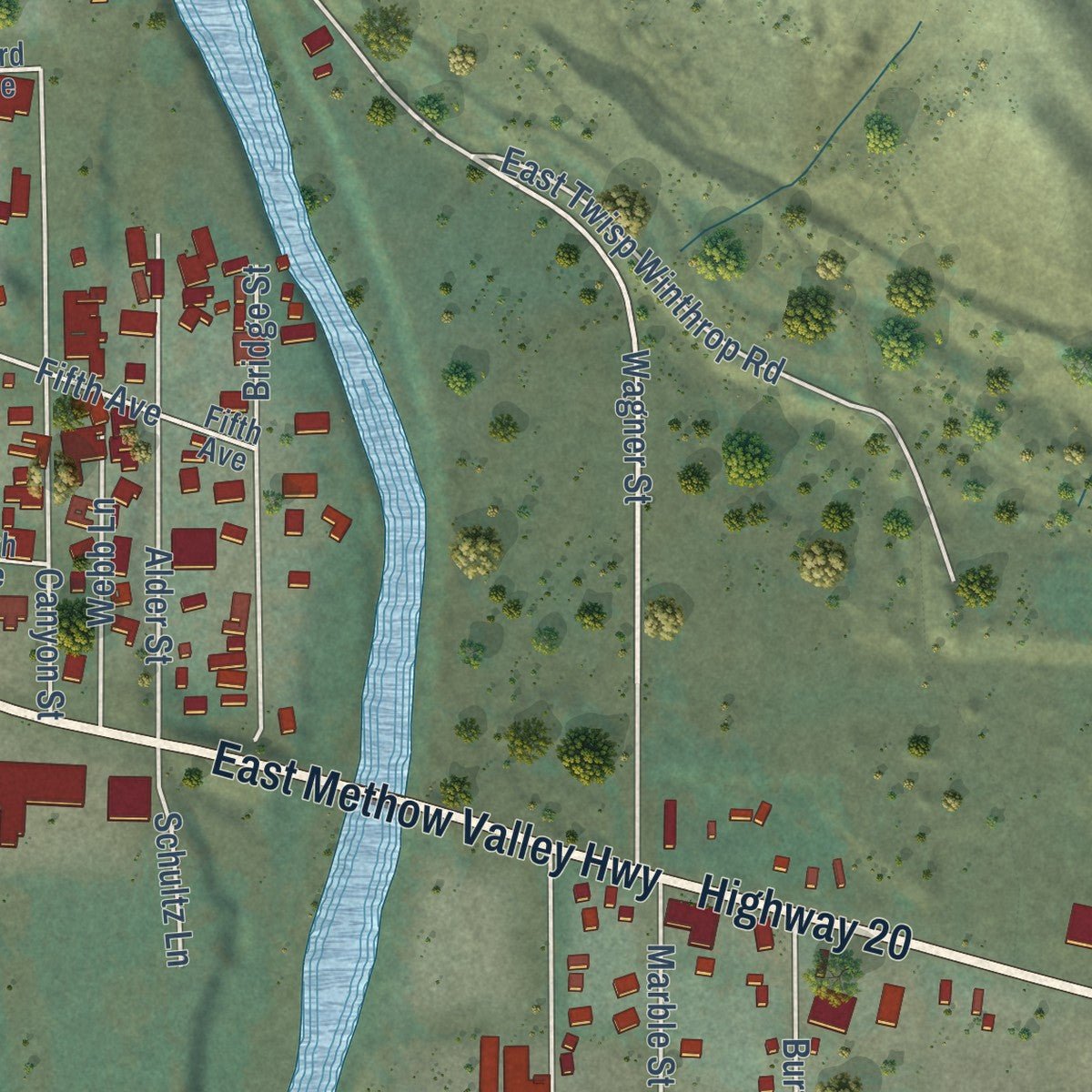 Second close-up of the map of Twisp, Washington print showing more streets and buildings