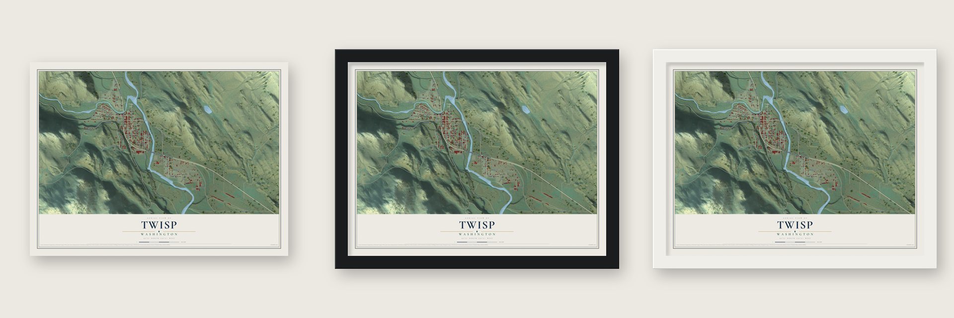 Twisp, Washington map unframed, in a black wood frame and in a white wood frame