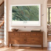 Twisp, Washington map, 24 x 36 inch print in a white frame above a dresser by a staircase