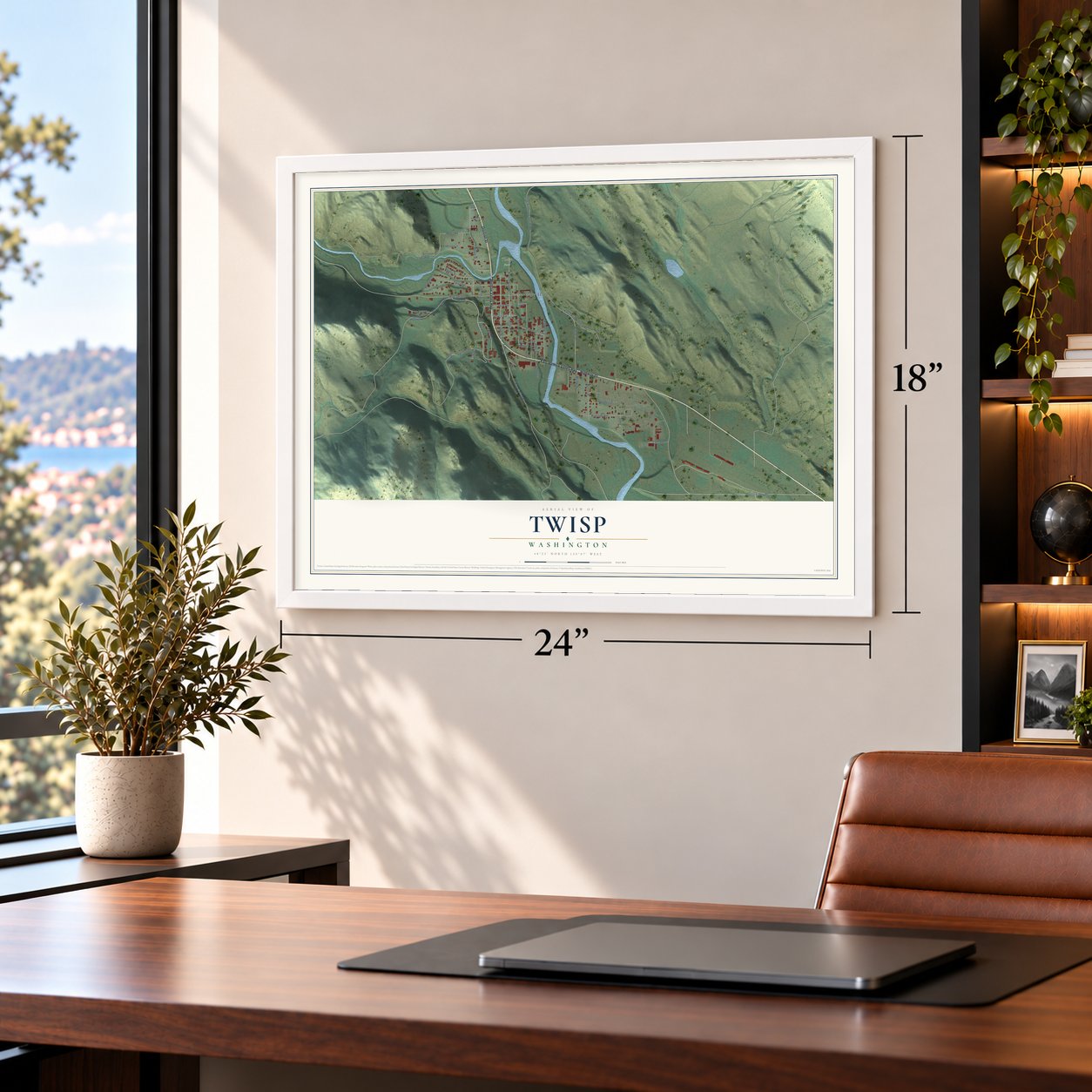 Twisp, Washington map, 18 x 24 inch print in a white frame in a home office