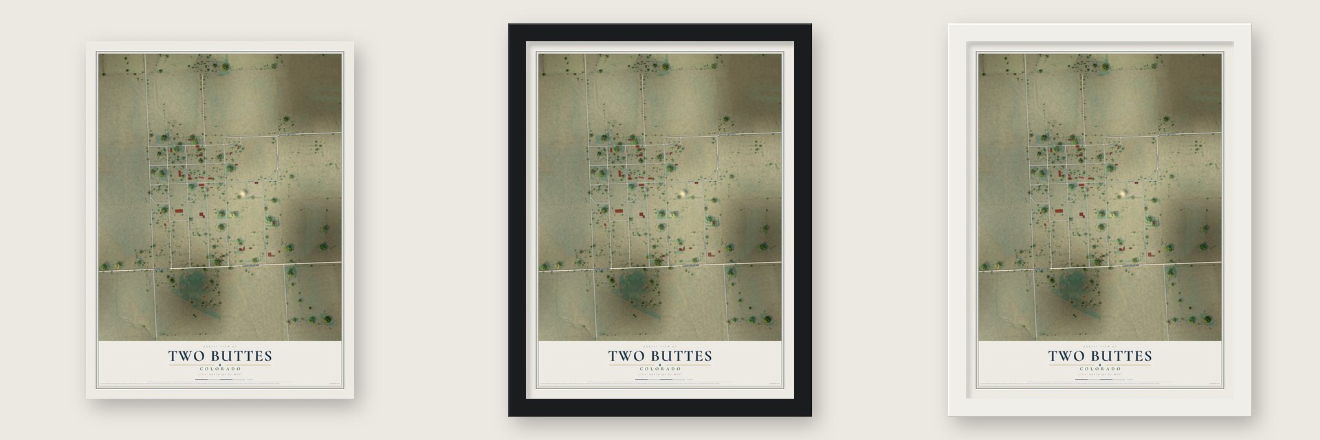 Two Buttes, Colorado map unframed, in a black wood frame and in a white wood frame