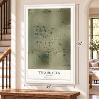 Two Buttes, Colorado map, 24 x 36 inch print in a white frame by a staircase