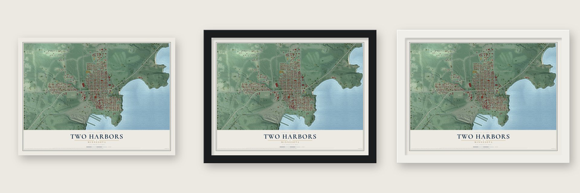Two Harbors, Minnesota map unframed, in a black wood frame and in a white wood frame