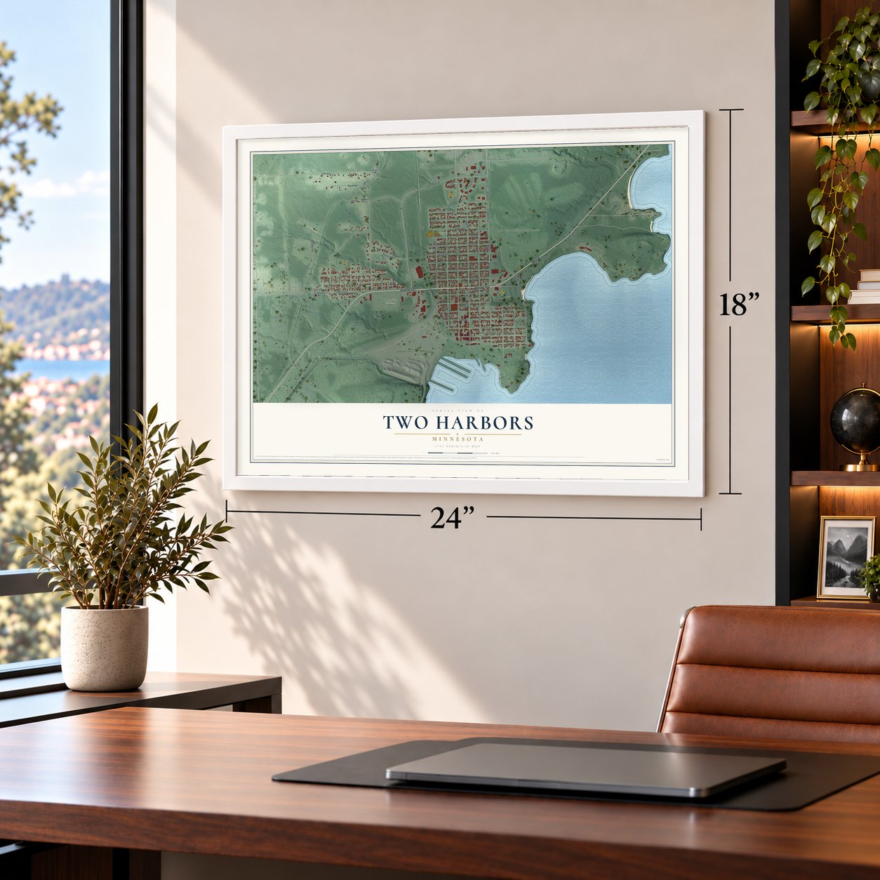 Two Harbors, Minnesota map, 18 x 24 inch print in a white frame in a home office