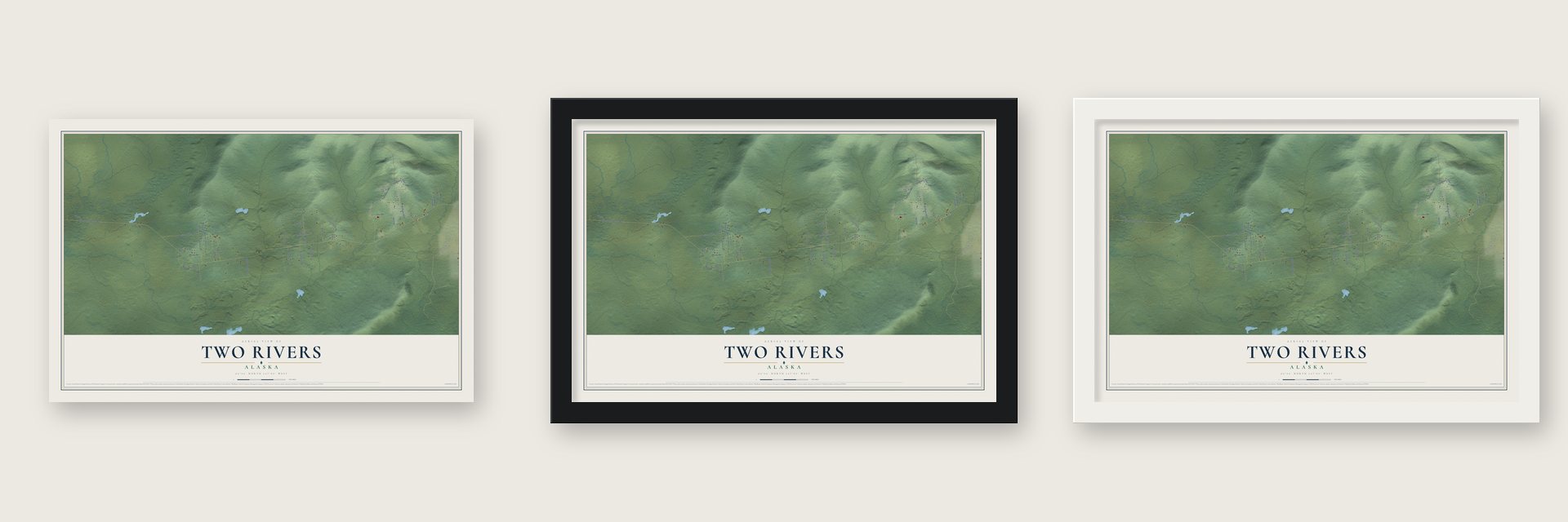 Two Rivers, Alaska map unframed, in a black wood frame and in a white wood frame