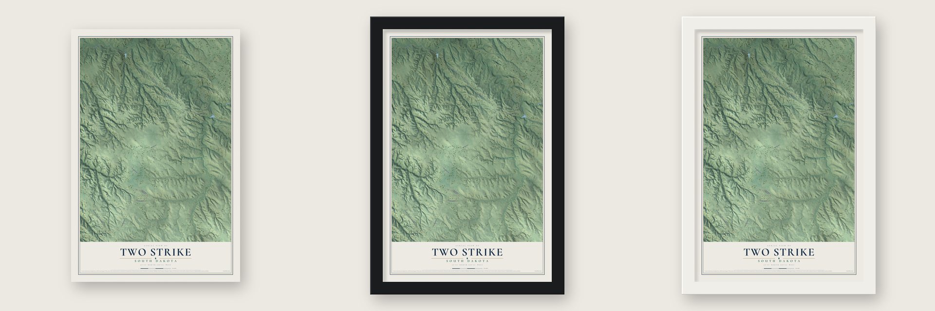 Two Strike, South Dakota map unframed, in a black wood frame and in a white wood frame