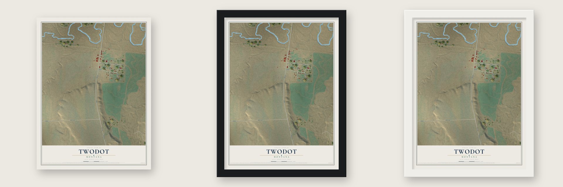 Twodot, Montana map unframed, in a black wood frame and in a white wood frame