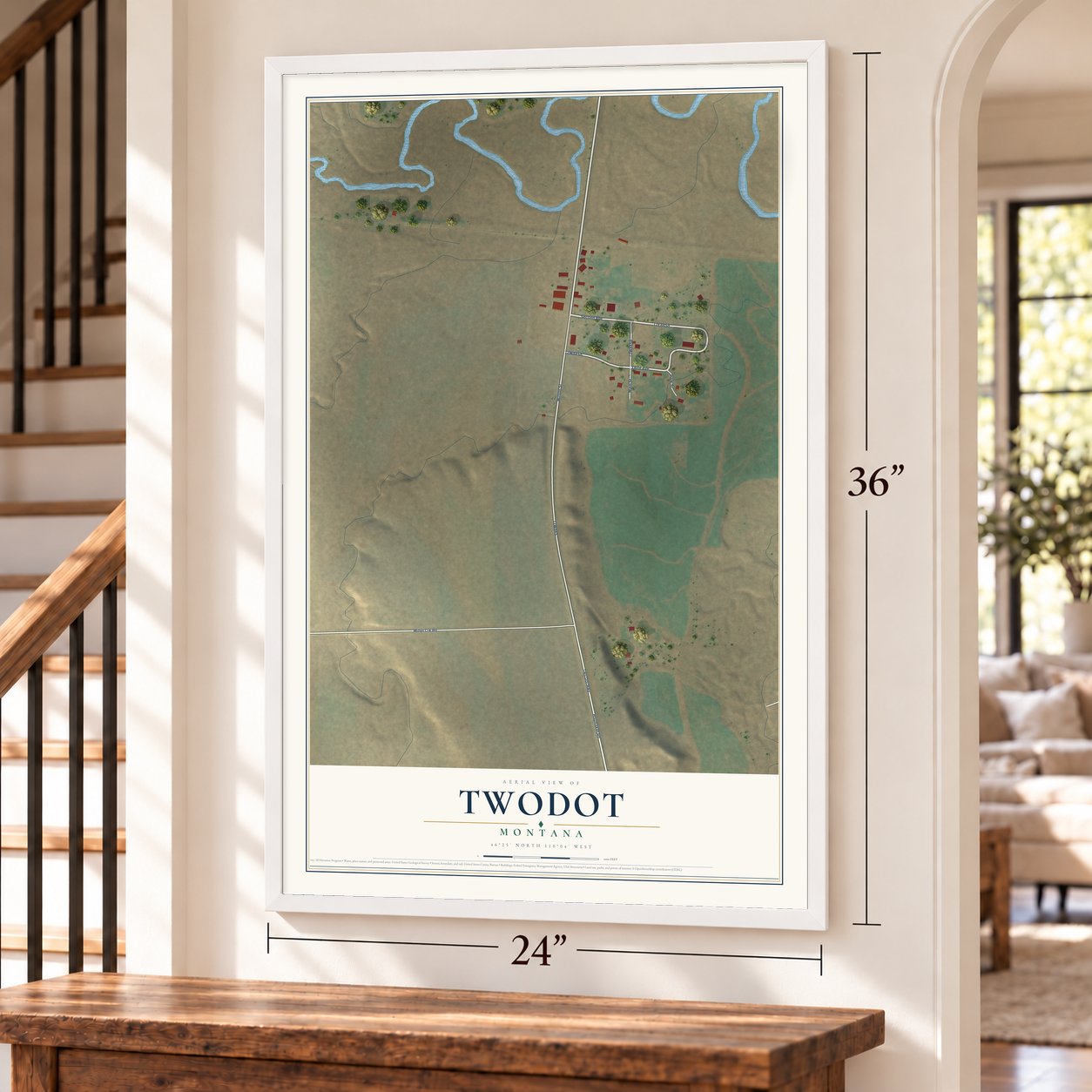 Twodot, Montana map, 24 x 36 inch print in a white frame by a staircase