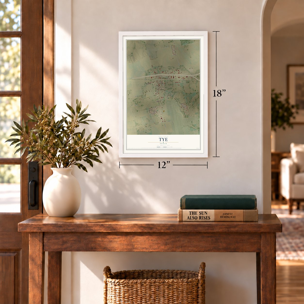 Tye, Texas map, 12 x 18 inch print in a white frame in an entryway